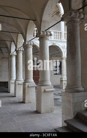 Renaissance-Arkaden und Säulen im Innenhof des Schlosses Baranów Sandomierski, Region Podkarpackie, Polen. Stockfoto