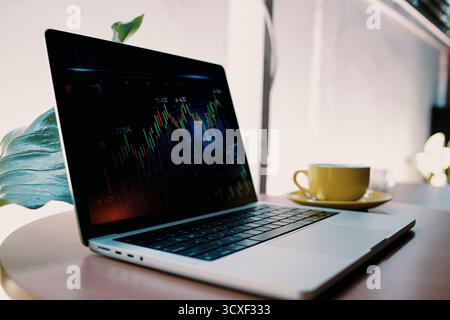 Analyse von Börsendaten auf einem Laptop mit Finanzbörsendiagrammen und einer Tasse Kaffee zu Hause. Stockfoto