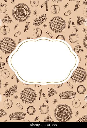 Vorgefertigtes Kartendesign im Backwarenstil mit grafischer Tinte gezeichnete Apfelkuchen, Äpfel, Zimt, Vanille und Anis auf beigefarbenem Hintergrund. Food Clipart. Strichgrafik. Stockfoto