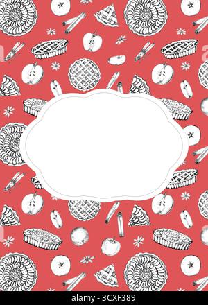 Vorgefertigtes Kartendesign mit Tinte gezeichneten Apfelkuchen, Äpfeln und Scheiben, Zimtstangen und Sternanis auf rotem Hintergrund. Bäckerei Essen Clipart. Handgezeichnet i Stockfoto