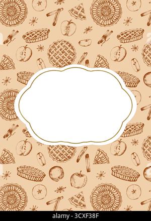 Vorgefertigtes Kartendesign mit grafischen Apfelkuchen, Äpfeln, Zimt, Vanille und Anis auf beigefarbenem Hintergrund. Bäckerei Essen Clipart. Strichgrafik. Handgezeichnete illus Stockfoto
