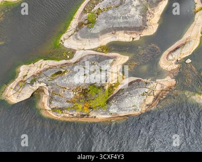 Direkte Sicht auf einen kleinen, strukturierten, flachen Felsvorsprung oder eine Insel, umgeben von dunklem Wasser, mit minimalem Moos und Gras Stockfoto
