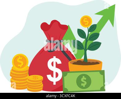 Geldpflanze Wachstum Vektor Illustration Konzept Business Finance Diagramm Wachstum und Tasche Geld Münze. Investitionspfeil nach oben Geldwachstumsvektor-Illustration Stock Vektor