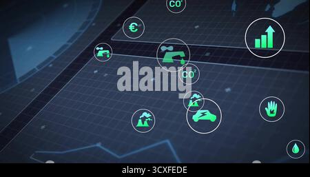 Anzeigen eines Balkendiagramms mit aufsteigendem Trend im Raster, mit grünen Symbolen für Öko- und Finanzwirtschaft, Kopierbereich Stockfoto