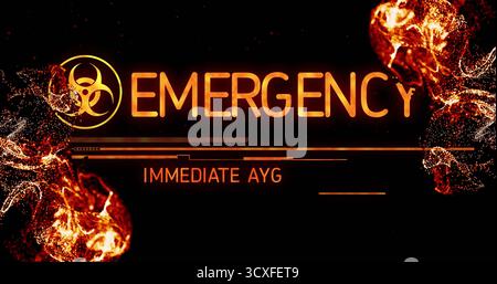 Anzeige des Symbols für biologische Gefahren, DES NOTFALLS und DES SOFORTIGEN AYG auf der Alarmschnittstelle zwischen wirbelnden Kugeln Stockfoto
