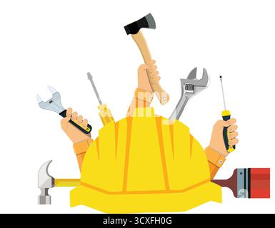 Ein gelber Schutzhelm mit einem Haufen Werkzeuge drauf. Zu den Werkzeugen gehören ein Hammer, ein Schraubenschlüssel und ein Schraubendreher. Das Konzept der harten Arbeit und der Handarbeit Stock Vektor