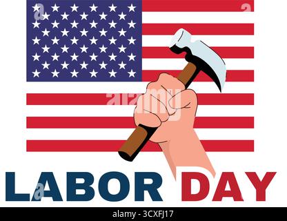 Vektor-Designvorlage für Arbeitstag. Arbeitsbanner mit Hand, die einen Hammer hält Stock Vektor