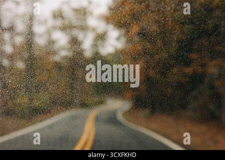 Regentropfen kleben an der Windschutzscheibe, während eine kurvenreiche Straße durch farbenfrohe Herbstlaub führt. Stockfoto