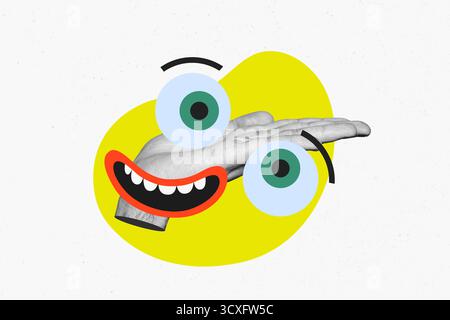 Kunstskizze 3D Bildbanner Collage der menschlichen Hand halten Augapfel Mund nonverbale Kommunikation Social Media Sticker Cartoon Stockfoto