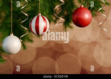 Rote und weiße Weihnachtsschmuck hängen an Tannenzweigen mit festlichen Hintergrundlichtern. 3D-Rendering Stockfoto