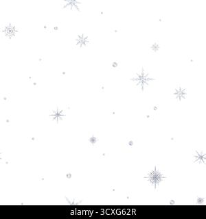 Nahtloses Muster mit Schnee und Schneeflocken in verschiedenen Formen und Formen. Weihnachten und Neujahr Hintergrund. Aquarell handgezeichnet Illustration auf Stockfoto