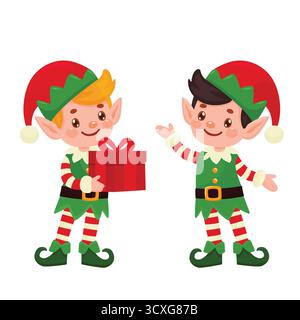 Illustration der Weihnachtselfen mit flachen Figuren. Stock Vektor