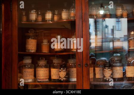 Krüge mit Heilkräutern, mit Etiketten, die von den Nonnen verziert wurden, aus der Klosterapotheke. Kirche Santa Maria Regina Coeli - Neapel Stockfoto