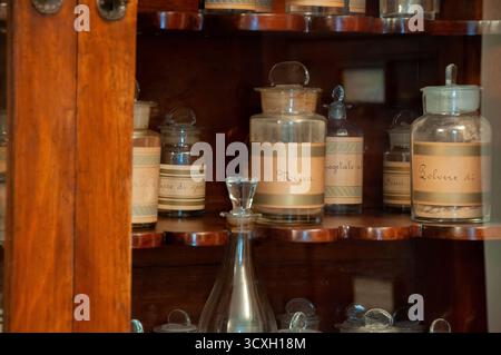 Krüge mit Heilkräutern, mit Etiketten, die von den Nonnen verziert wurden, aus der Klosterapotheke. Kirche Santa Maria Regina Coeli - Neapel Stockfoto