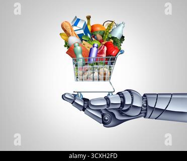 KI-unterstütztes Einkaufen und intelligenter Einzelhandel oder automatisierter Einkauf als digitaler Assistent, der in Geschäften als virtuelles Einkaufen wie ein Roboter mit einem Einkaufswagen kauft. Stockfoto