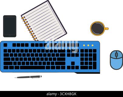 Flache Illustration mit blauer Tastatur, blauer Maus, spiralförmigem Notizbuch mit linierten Seiten, Smartphone, Kaffeetasse und Stift auf weißem Hintergrund. Stock Vektor