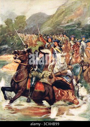 König Wilhelm III. Von England überquerte den Boyne, zu Pferd bei der Schlacht am Boyne 1690 Stockfoto