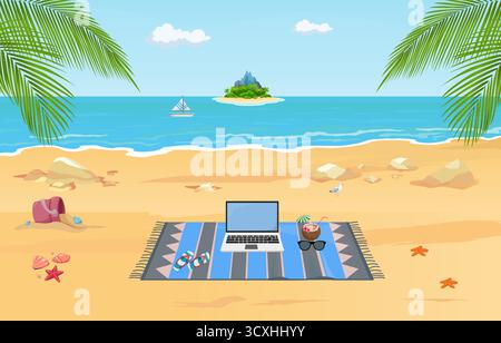 Tropische Strandszene mit einem Laptop auf einer gestreiften Matte, umgeben von Sonnenbrillen, einem Getränk in einer Kokosnuss, Flipflops und Muscheln. Handflächenblätter bilden den Rahmen Stock Vektor