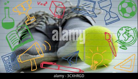 Schwarze Turnschuhe mit Socken in der Schule neben gelbem Tennisball mit pädagogischen Sportkritzeleien Stockfoto