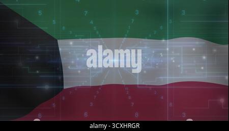 Die Kuwait-Flagge zeigt die Schaltungsüberlagerung in der Matrix, mit leuchtenden Ziffern, Lichtflecken Stockfoto