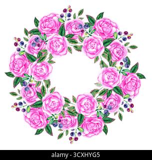 Blumenrahmen in Aquarellfarben mit Rosen Stockfoto