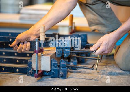 Erfahrene Holzarbeiter, die die Klemmen einstellen, feste Haftung, nahtlose Holzverbindung für die Produktion Stockfoto