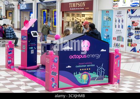 Octopus Energy, britischer Anbieter von Gas- und Stromvermarktung, Stand im Stadtzentrum von Bury, um neue Privatkunden in Manchester, Großbritannien, zu vermarkten Stockfoto