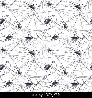 Realistische Spinnen auf nahtlosem Spinnennetz-Muster. Aquarell handgezeichnetes schwarzes und graues Netz gruseliges Halloween Gruseldesign für Stoff, Horror Verpackung Stockfoto