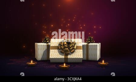 Festliche Geschenkboxen mit leuchtenden Diyas und goldenen Partikeln Stockfoto