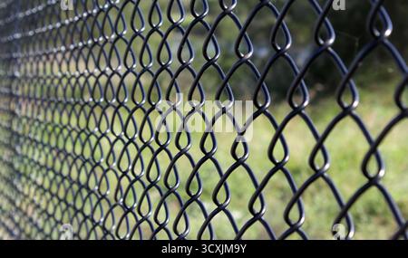 Nahaufnahme eines schwarzen Maschendrahtzaugs mit verschwommenem Grün im Hintergrund Stockfoto