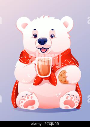 Eisbär mit heißer Schokolade und Keksen Stock Vektor