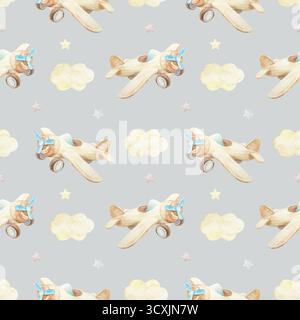 Holzspielzeugflugzeug mit Wolken und Sternen nahtlos Muster. Handgezeichnete Aquarellillustration. Pastell-Clip-Art für Geburtstagskarten, Babydusche Stockfoto