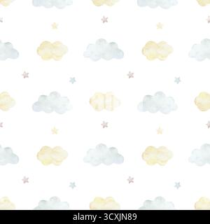 Wolken und Sterne nahtloses Muster. Handgezeichnete Aquarellillustration isoliert. Pastell Clip Art für Geburtstagskarten, Baby-Dusche-Einladungen, Kinderzimmer Stockfoto