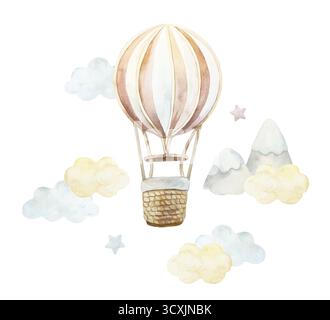 Heißluftballon mit Wolken, Sternen und Bergen. Handgezeichnete Aquarellillustration isoliert. Pastell-Clip-Art für Geburtstagskarten, Babydusche Stockfoto