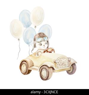 Teddybär sitzt in einem Auto mit Ballons. Handgezeichnete Aquarellillustration isoliert. Pastell-Clip-Art für Geburtstagskarten, Babyduschen-Einladungen Stockfoto