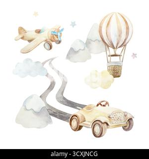 Holzauto, Straße, Heißluftballon, Flugzeug, Berge. Handgezeichnete Aquarellillustration isoliert. Pastell-Clip-Art für Geburtstagskarten, Babydusche Stockfoto