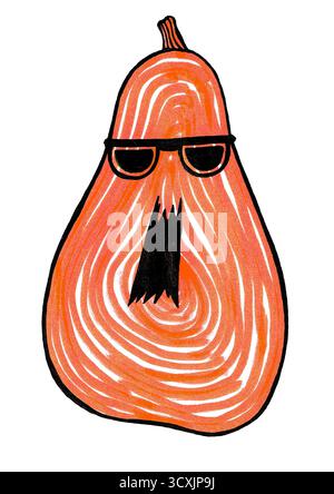 Stilisierte Illustration einer Jack o Laterne. Ein gestreckter Kürbis. Dunkle Brille tragen. Orange. Schwarze Umrisse, Brille und Mund. Mit orangefarbenen Linien gefüllt. Markierungszeichnung. Halloween-Symbol. Stockfoto