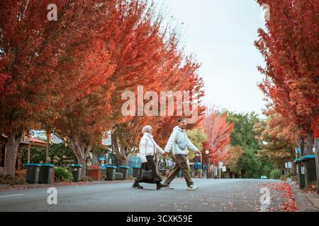Ein Paar schlendert Hand in Hand durch leuchtende Herbstbäume und genießt das Leben Stockfoto