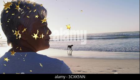 Stehende Frau mit T-Shirt zum Horizont am Strand, Hund läuft, Sternüberzug, Kopierraum Stockfoto