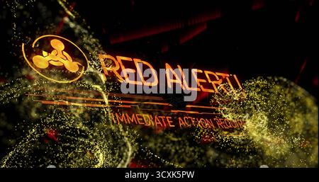 Anzeige von leuchtend rotem Warntext und Warnsymbol auf der Sci-fi-Konsole mit wirbelnden goldenen Streams Stockfoto