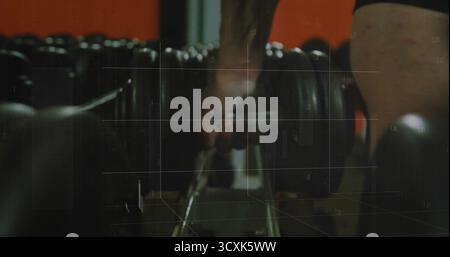 Der Unterarm und die Hand des Erwachsenen, der im Fitnessstudio sitzt, kann mit einer verstellbaren Hantel auf dem Gestell des Fitnessstudios mit Metallgriff ausgestattet werden Stockfoto