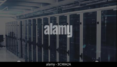 Serverschränke aus Metall, in denen Server, Switches und Kabeltrassen im Rechenzentrum untergebracht sind Stockfoto