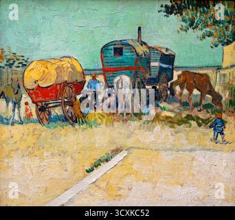 Campement of Zigeuner mit Caravans oder Les Roulottes, Campement de Bohémiens. Vincent van Gogh. 1888. Stockfoto