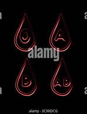 Vektorisolierte Darstellung menschlicher Blutgruppen mit Neon-Effekt. Stock Vektor