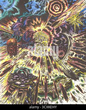 Gustav Wolf - der eine - (1919) - eine detaillierte Illustration mit einem psychedelischen und kosmischen Thema. Das Kunstwerk zeichnet sich durch ein kompliziertes, farbenfrohes Design aus, das sich durch ein überwältigendes Licht und eine Mischung aus organischen und geometrischen Formen auszeichnet. Der Stil verwendet helle, wirbelnde und vollspektrale Farbmuster, um ein psychedelisches Erlebnis hervorzurufen oder zu verbessern. Die wichtigsten Elemente des Bildes sind: Ein zentraler Ausbruch von strahlendem Licht mit einem komplexen, wirbelnden Muster, das auf ein kosmisches oder explosives Ereignis hindeutet. Verschiedene organische Formen, die pflanzlichen oder biologischen Formen ähneln. Stockfoto