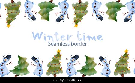 Nahtlose Grenze mit lustigen Schneemännern und festlichen Weihnachtsbäumen. Niedliche Aquarellillustration. Geeignet zum Drucken, Dekorieren und für Karten. Stockfoto