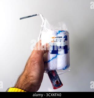 Paris, Frankreich - 30. März 2025: Hand hält eine verpackte Nachfüllpackung der Dexter-Malerwalze mit Griff vor einer weißen Wand, geeignet für Heimverbesserungen Stockfoto