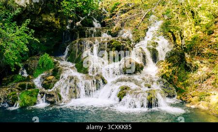 Wasserkaskaden über moosigen Steinen, umgeben von grüner Vegetation Stockfoto