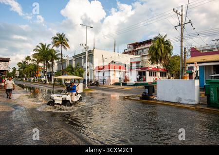 Isla Mujeres, Cancun, Mexiko der weiße Golfwagen fährt durch eine überflutete Straße. Die Straße ist gesäumt von Palmen und Häusern Stockfoto