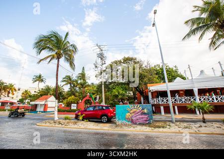 Isla Mujeres, Cancun, Mexiko der rote Wagen steht neben einer Straße vor einem Gebäude. Die Straße ist von Palmen gesäumt und es gibt verschiedene Stockfoto